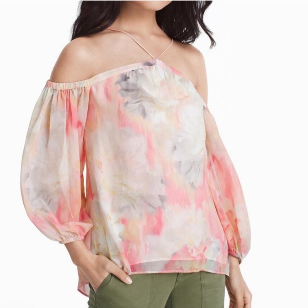 White House Black Market Puff Sleeve Blouse in Pink and Gray New Condition
